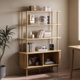 thumbnail image 2 of FURNIWAY Modern Bookshelf with Sliding Door, 4-Tier Open Display Storage Shelf with Wooden Legs, 63" Mid Century Bookshelf Cabinet for Living Room, Bedroom, Home Office, Natural, 2 of 8