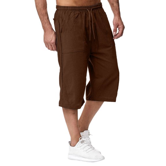 Migroa Mens Linen Capri Pants Casual Lightweight 3/4 Pants Loose Fit Elastic Waist Drawstring Big And Tall Summer Beach Yoga Shorts with Pockets Coffee L