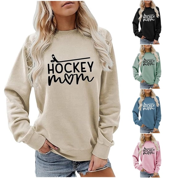 Trendfront Womens Hockey Mom Graphic Print Crewneck Sweatshirt Long Sleeve Sports Fan Game Day Apparel Pullover Sweatshirt