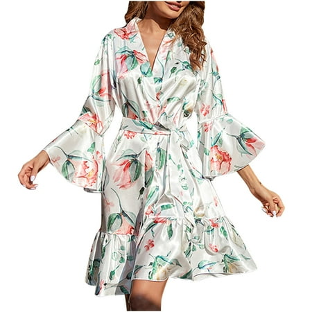 

Women Floral Silky Robes Bridesmaids Short Satin Ruffle Bathrobes Sleepwear Dressing Gown with 3/4 Bell Sleeve Womens Clothes