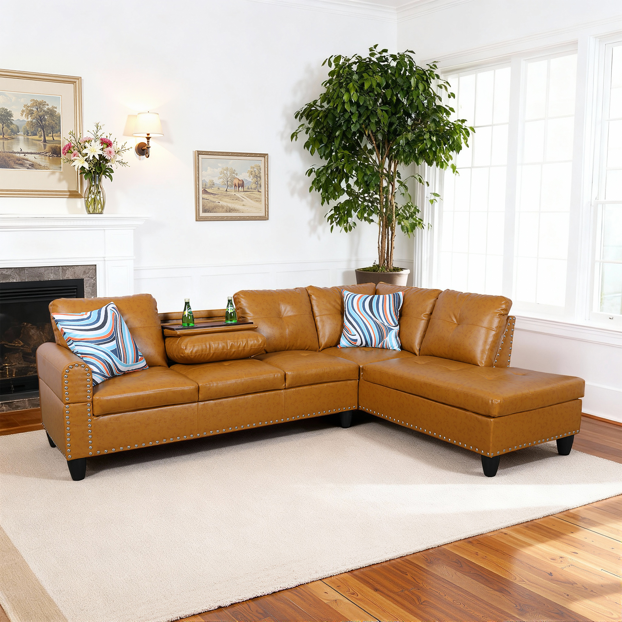 MAYEERTY 97.5" L-Shaped Sectional Sofa, Semi PU Synthetic Leather 2-Piece Modular Couch Sofa Set without Ottoman, Ginger (Right)