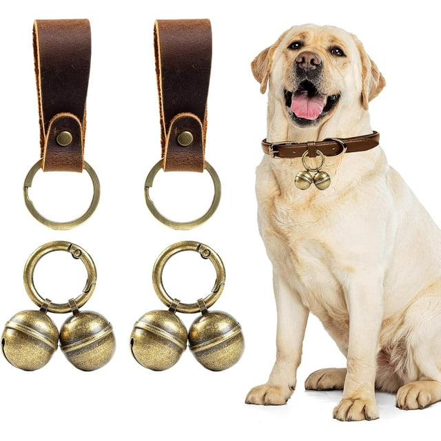 Loud Dog Collar Bells, Durable Pet Bells Tracker for Large Dogs, 4 Copper ells and 2 Leather Button Strap for Outdoor Safety, Pet Tracking, Hiking, Walking