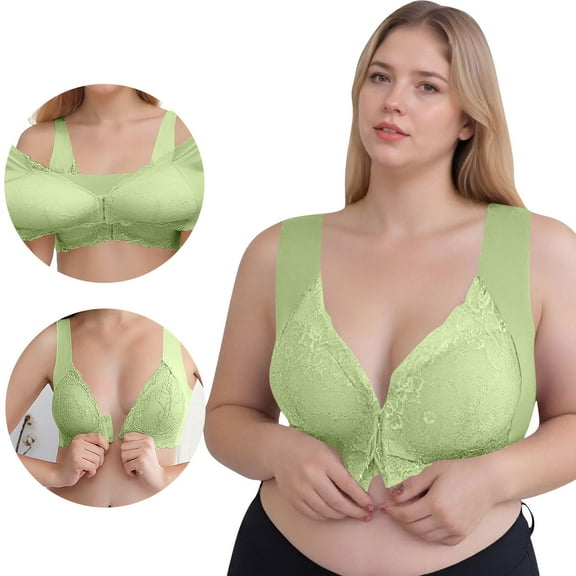 Plus Size Front Closure Bras for Women Lace Push-Up Wireless Bralettes Seamless Comfy Bra Everyday, 42/95BCDE Mint Green