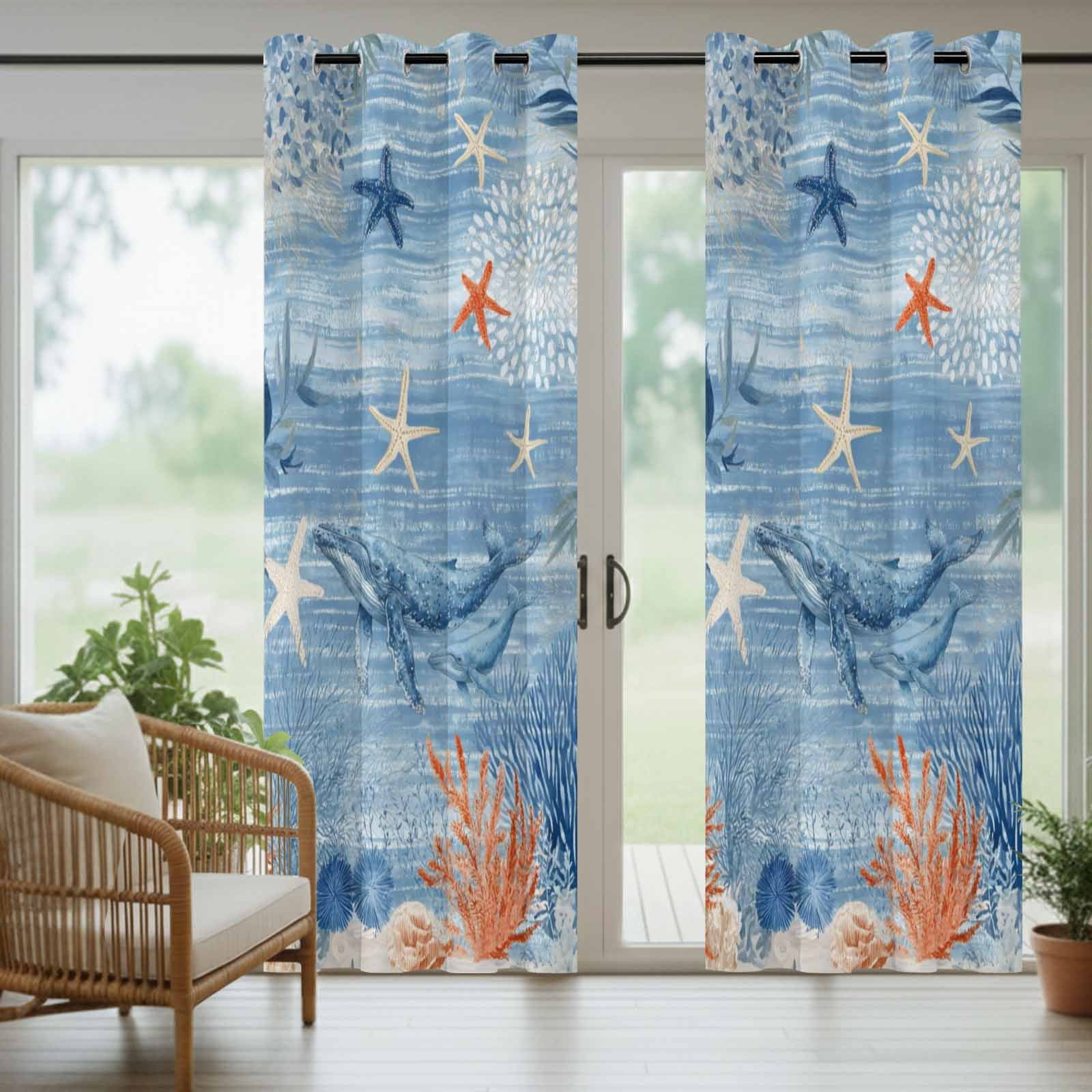 Ocean Whale Outdoor Curtains for Patio, Orange Blue Theme Summer Sea Animal Corals Starfish Sunshade Privacy Drapes Grommet Waterproof Outside Curtains for Porch/Cabana/Balcony 54"x 108", 1 Panel