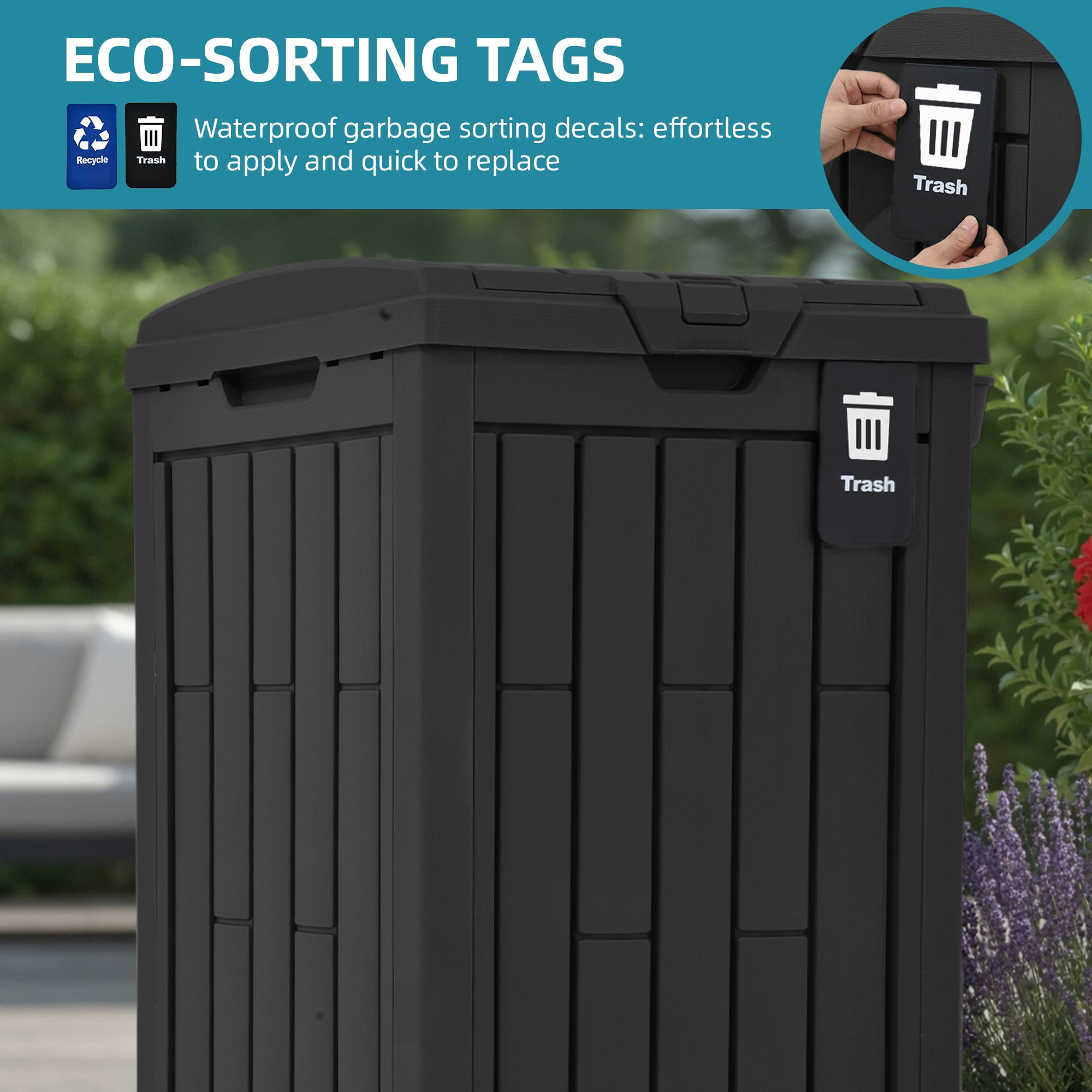 Uforic 38 Gallon Outdoor Trash Can Set of 2, Resin Garbage Bins with Lid, Sorting Labels, Ash Holder, Stakes & Suction Cups for Patio Backyard Garden, Black