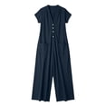 thumbnail image 7 of hoksml Women's V-Neck Short Sleeve Jumpsuit, Casual Button Front Wide Leg Overalls with Pockets, 7 of 7