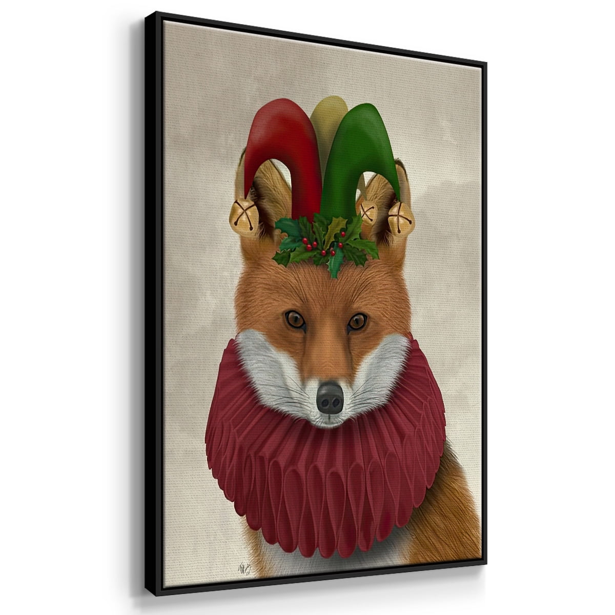 Christmas Foxy Christmas Fool - Framed Gallery Wrapped Holiday Canvas - 25 x 37 - Black Frame