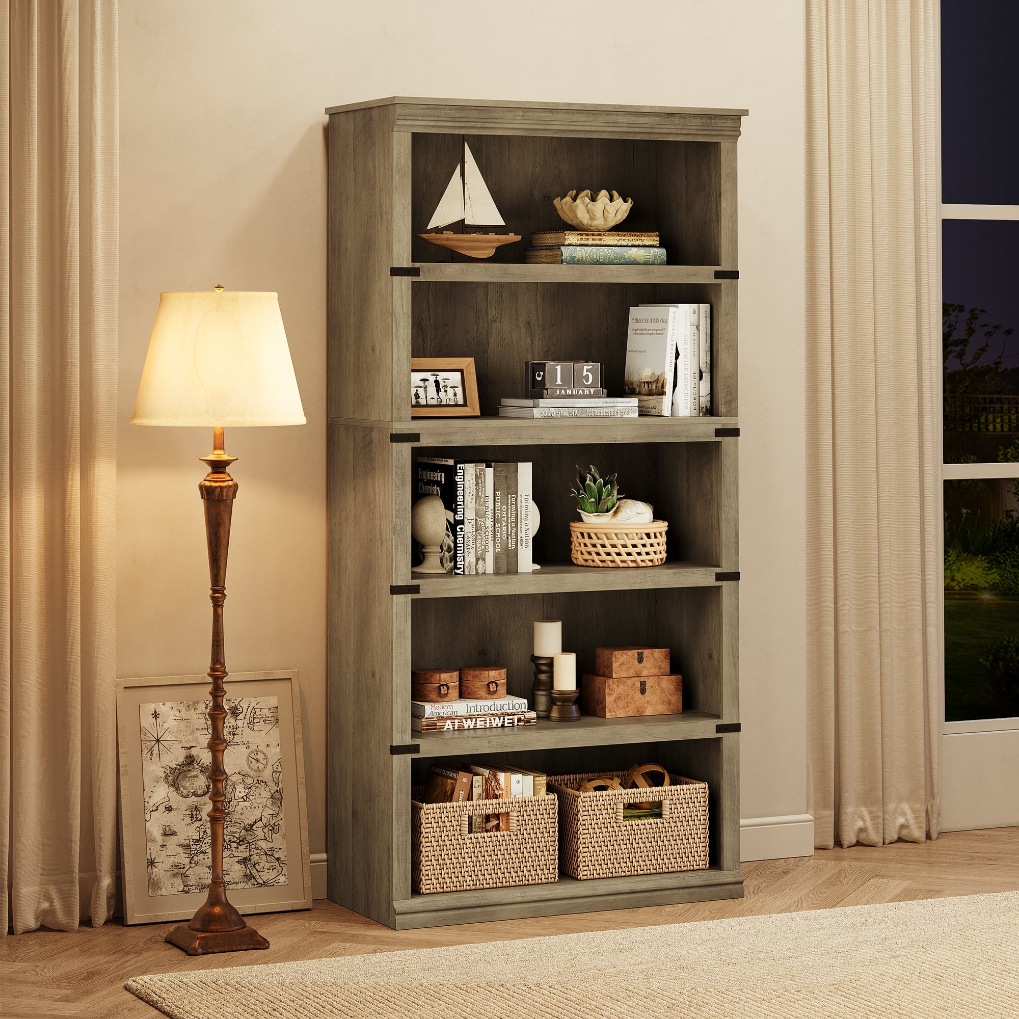 Aoile 5 Tier Farmhouse Bookshelf, 12.7" x 31.4" x 67.4" Heavy Duty Freestanding Bookcase, Bookshelves with Storage Open Display for Home Office, Living Room, Bed Room, Bathroom, Gray