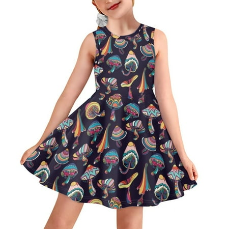 

Pzuqiu Girls Dresses Size 9-10 Years Casual Psychedelic Abstract Mushroom Print Skater Dresses Sleeveless Round Neck One-Piece Jumpskirt for School/Holiday