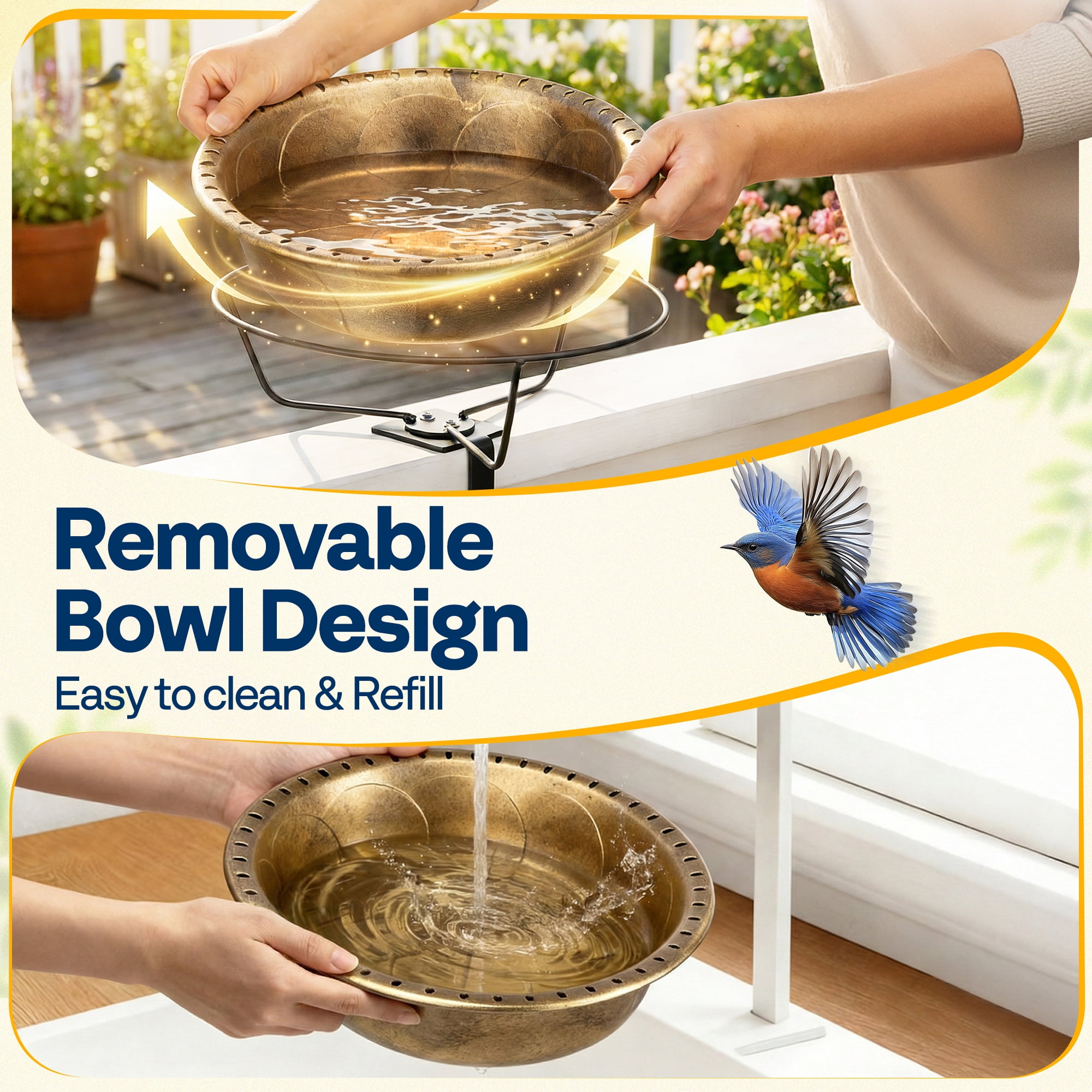 SPECSTAR Deck Mounted Bird Bath with Solar Fountain, Outdoor ABS Birdbath Bowl with Adjustable Metal Clamp, Solar Powered Pump for Railing, Fence, Balcony, 1.45 Gallons, Copper