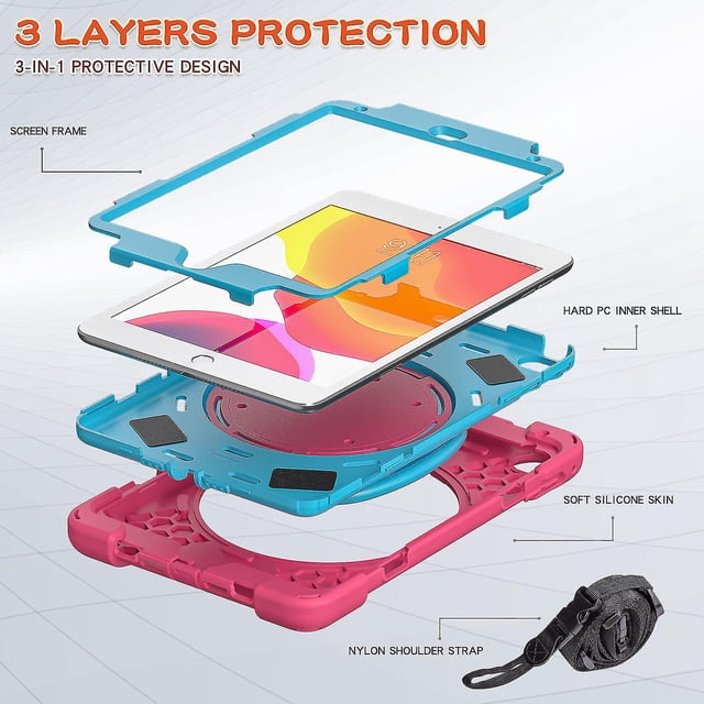 Funda a juego para iPad Mini 4/5 con correa para el hombro, soporte de anilla ajustable grande, portalápices y protección contra golpes.