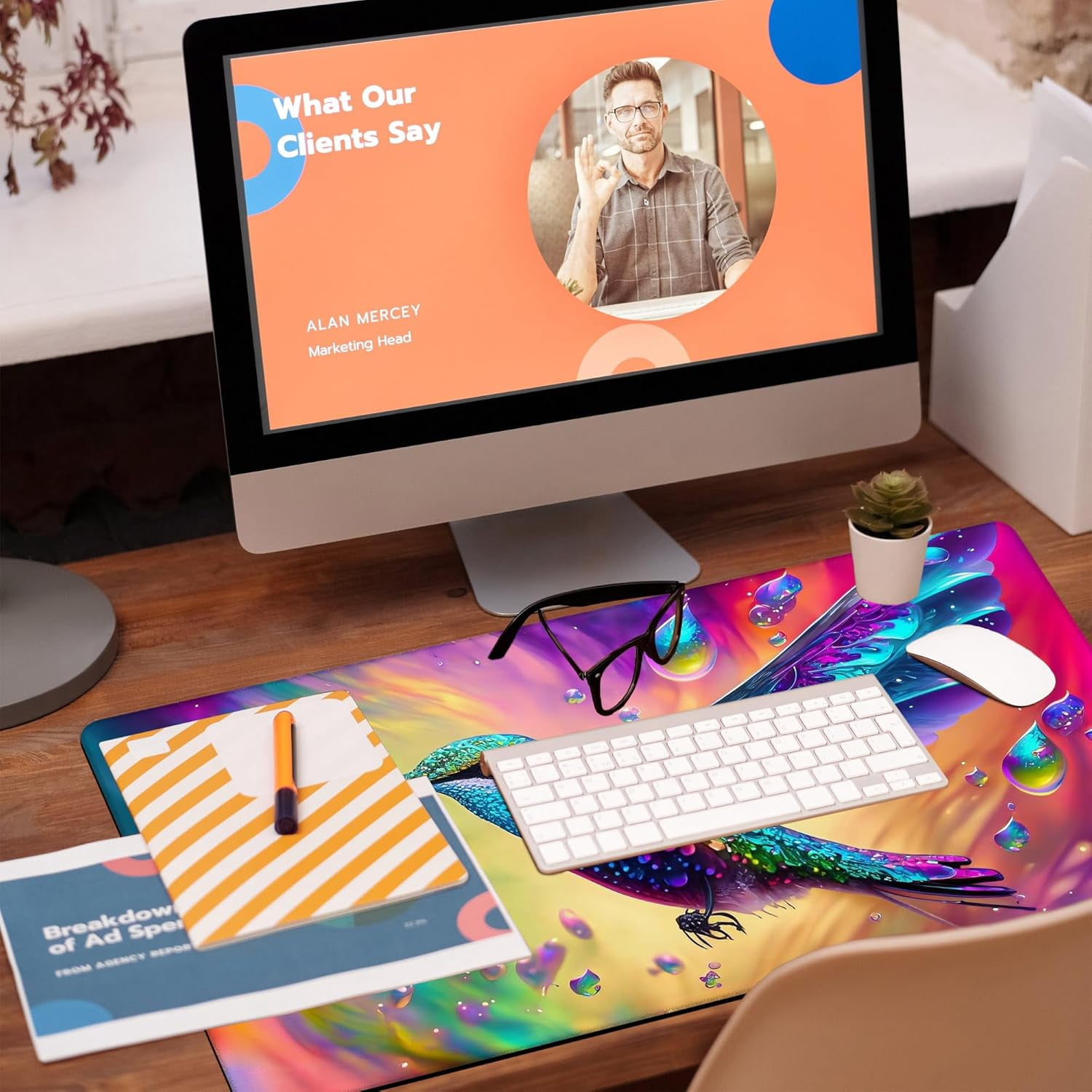 Large Gaming Mouse Pad for Desk, Colorful Hummingbird Desk Mat, Bright Hummingbird Desk Pad, 31.5"x11.8" Extended Big Computer Keyboard Mouse Pad with Non-Slip Base and Stitched Edge