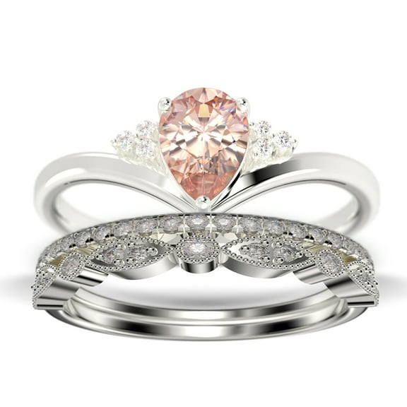 Gorgeous Minimalist 2.25 Carat Pear Cut Morganite And Diamond Moissanite Unique Engagement Ring, Affordable Wedding Ring, Two Matching Band in 10k Solid White Gold Gift For Her Love, Trio Ring Set