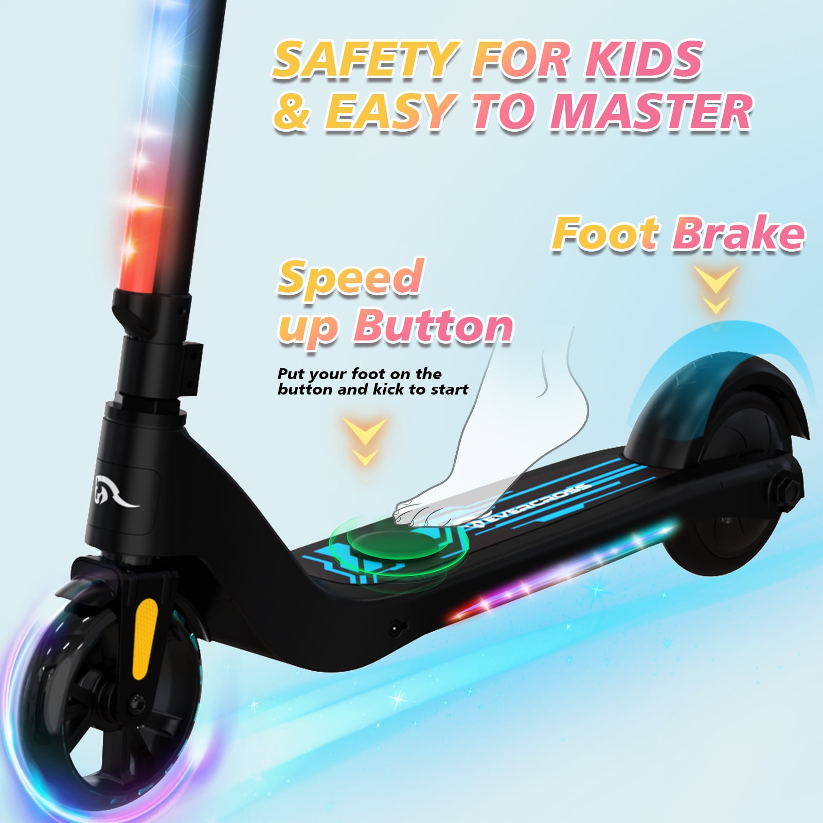 EVERCROSS Electric Scooter for Kids Ages 4+, 5 mph & 40 mins of Ride, LED Colorful Lights, Adjustable Height and Lightweight, Gift for Kids, Black
