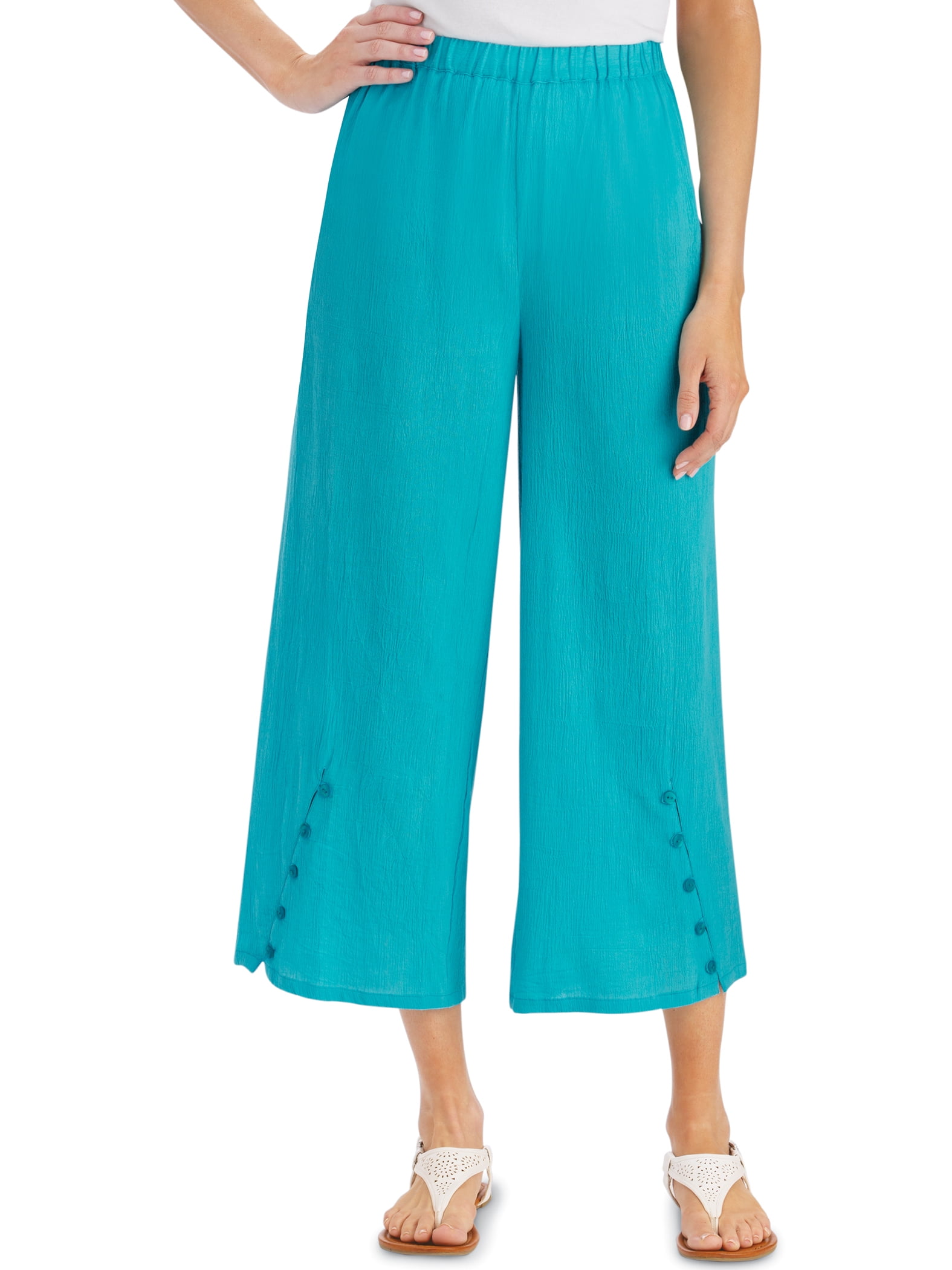 Collections Etc. - Button Trimmed Crinkle Woven Crepe Pants - Crinkle ...