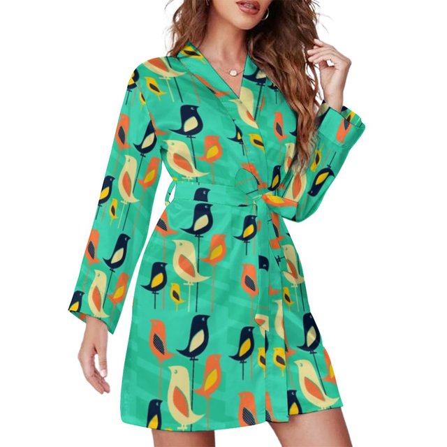 Mid-Century Print Pajama Robe V Neck Abstract Turquoise Retro Sleepwear Lady Long Sleeve Soft Pajamas Robes Spring Room Dresses