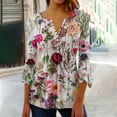 thumbnail image 2 of Women's Henley Neck Tunic Dressy Tops Vintage 1/4 Button up Blouse Boho Flora Print Summer Clothes for Teen Girls Fashion 2024 3/4 Flare Sleeve Pleated Flowy Shirts Blue T Shirts XL, 2 of 5