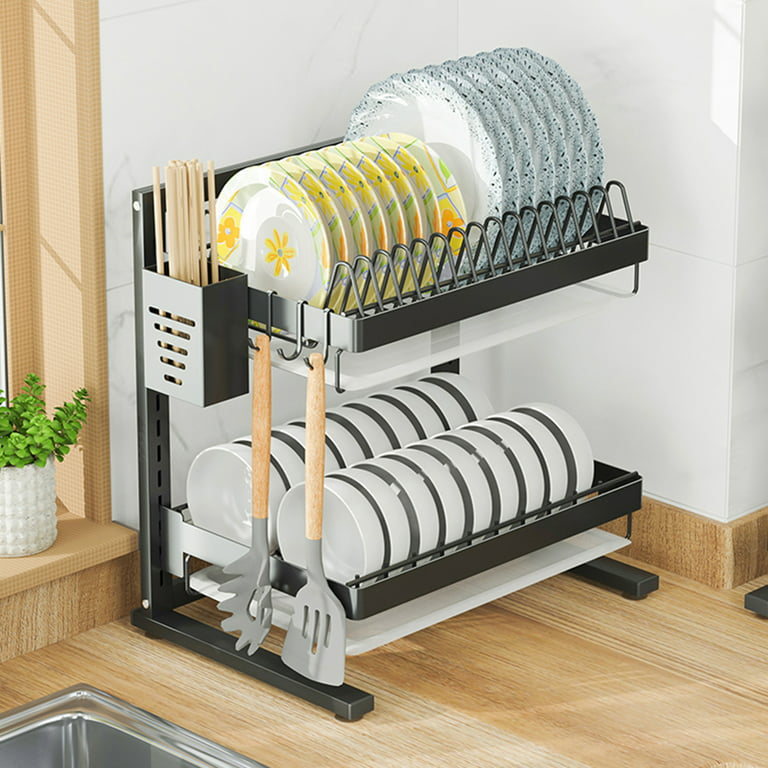 Kogiio 2-Tier Dish Drying Rack with Drainboard, Black Metal Large Capacity  Dish Drainer