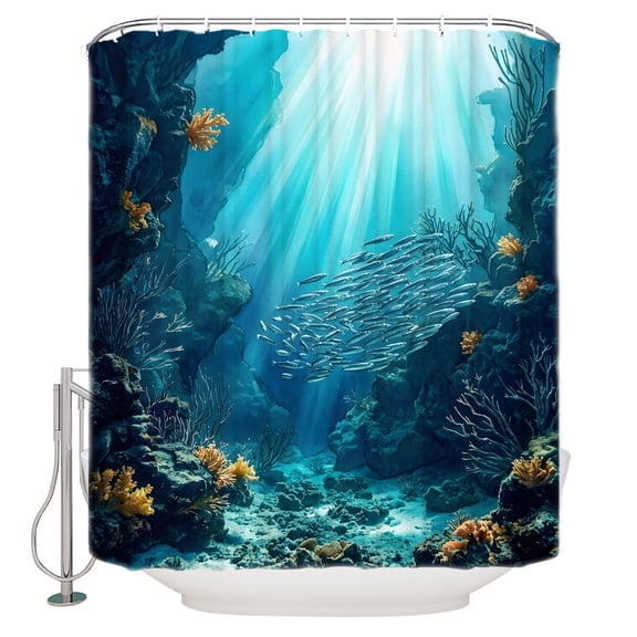 Natural Ocean Fish Bathroom Shower Curtains with 12 Hooks Waterproof Shower Curtain for Stalls and Bathtubs Coral Blue Underwater Coral Sunshine Decorative Bathroom Privacy Curtain 72x72 Inches