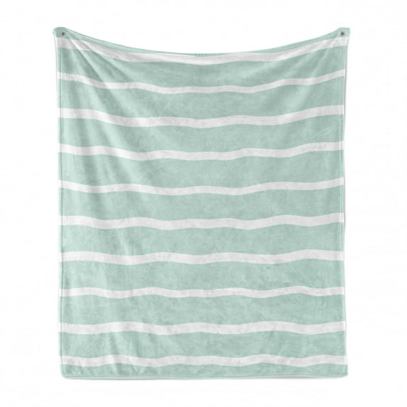 Mint Soft Flannel Fleece Blanket, Horizontal Wavy Lines White Striped Abstract Soft Toned Nautical Art Display, Cozy Plush for Indoor and Outdoor Use, 50" x 70", Almond Green White, by Ambesonne
