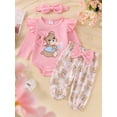 thumbnail image 2 of Suealasg 3Pcs Newborn Baby Girls Fall Outfits Clothes Set 3 6 9 12 18 Months Infant Girls Crew Neck Long Sleeve Bear Print Romper Long Pants Headband Set, 2 of 8