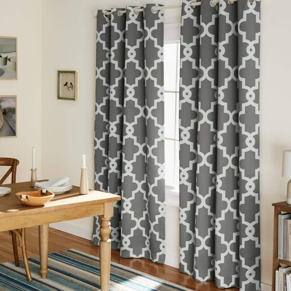 Ironwork Black Pearl Sateen Trellis 52 in. W x 96 in. L Thermal Grommet Blackout Curtain (Set of 2)