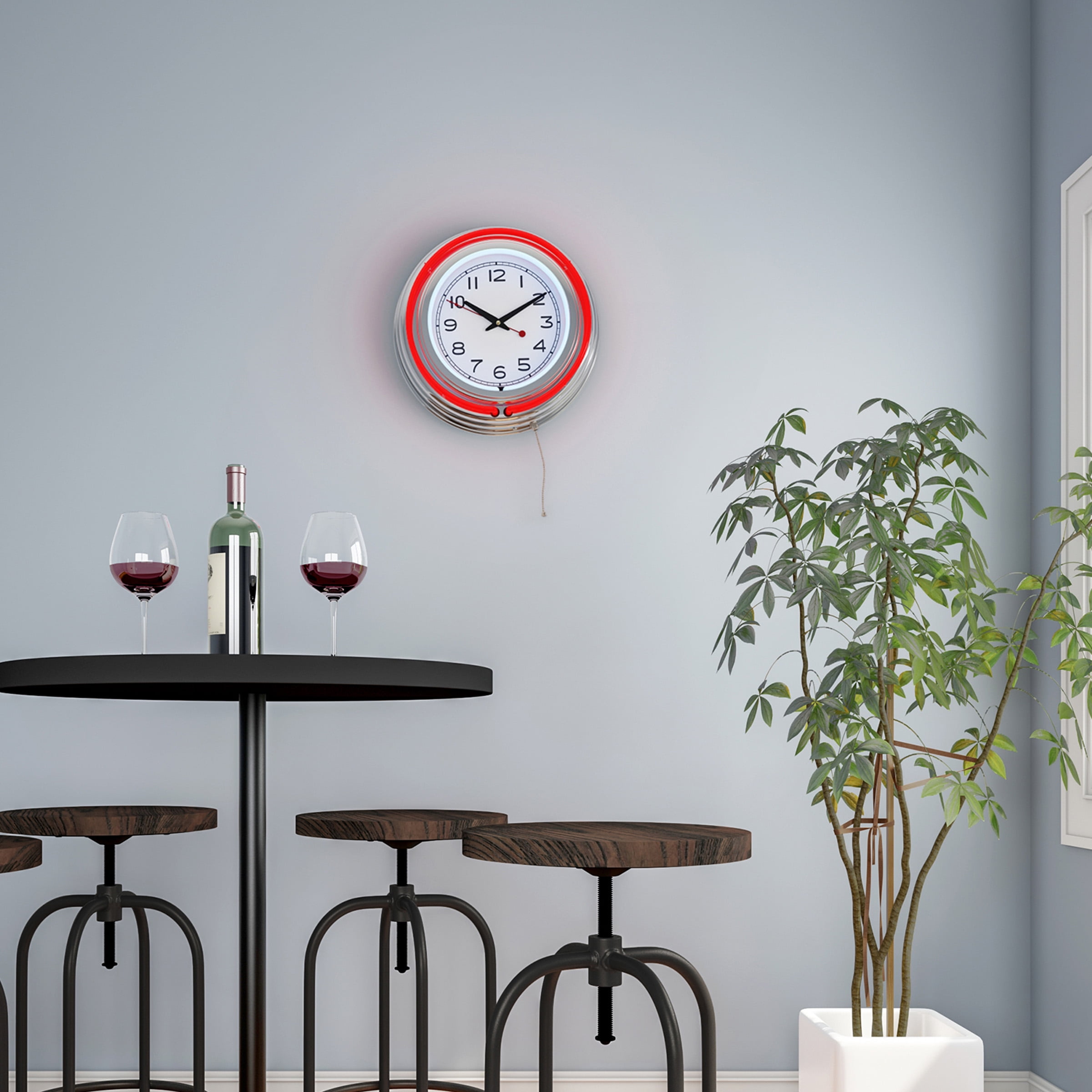 Retro Neon Wall Clock - Battery Operated Wall Clock Vintage Bar Garage Kitchen Game Room ? 14 Inch Round Analog by Lavish Home (Red and White)