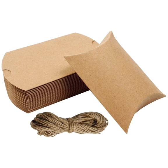 100 Pcs Kraft Paper Pillow Candy Box Set with Jute Rope, 3.5 x 2.6 x 1 in / 9 x 6.5 x 2.5 cm Foldable Gift Boxes Bulk for DIY, Rustic Wedding, Party Favors, and Small Business