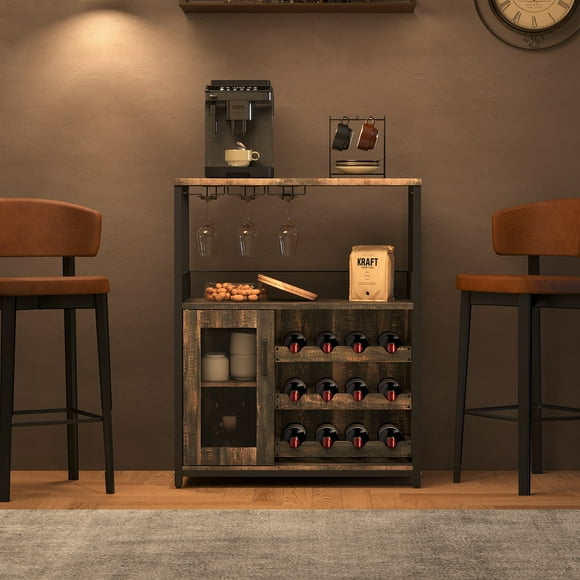 Wine Bar Rack Cabinet, Adjustable Shelves Coffee Bar Cabinet with Mesh Door and Baffle Design, Small Liquor Bar Cabinet for Home, Kitchen, Dinning Room