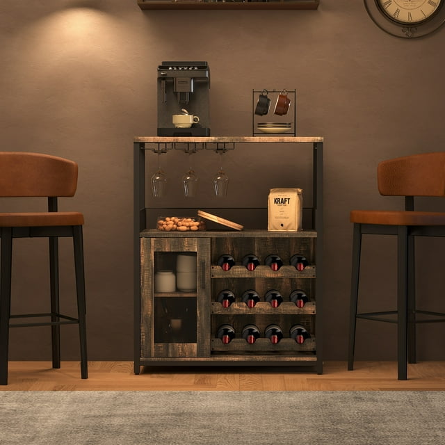 Wine Bar Rack Cabinet, Adjustable Shelves Coffee Bar Cabinet with Mesh Door and Baffle Design, Small Liquor Bar Cabinet for Home, Kitchen, Dinning Room