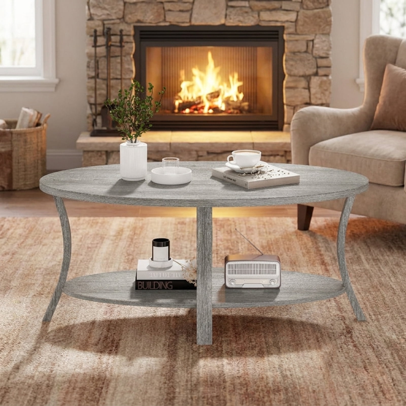 Furnibear Oval Coffee Table 2-Tier Center Table with Storage Shelf - Gray - Living Room Cocktail Center Table
