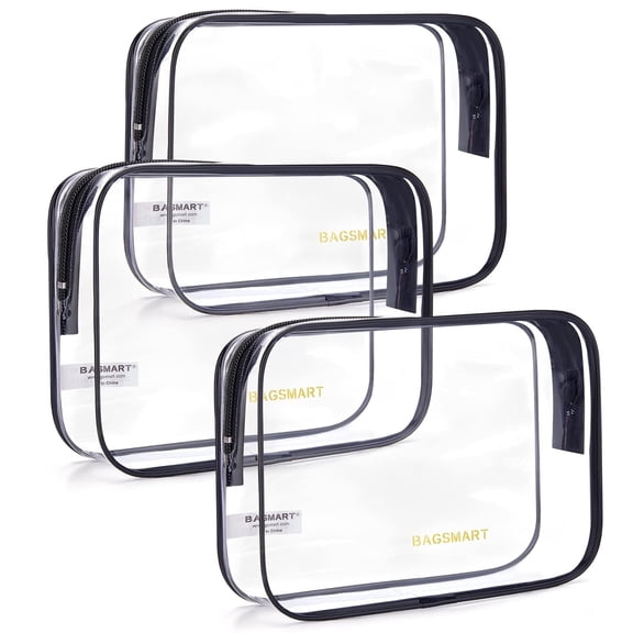 BAGSMART Clear Toiletry Bag, 3 Packs TSA Approved Water resistant Quart Size Travel Organizer, Airport Airline Travel Essential Carry On Makeup Cosmetic Bags for Women, Black