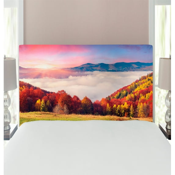 Nature Headboard, Pastoral Colorful Autumn Morning in the Majestic Mountains European Peaks Print, Upholstered Decorative Metal Bed Headboard with Memory Foam, Twin Size, Multicolor, by Ambesonne