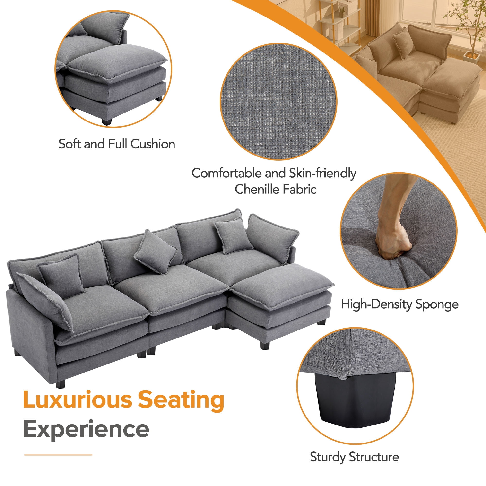 EUROCO 112.2" Modern L-Shape Sectional Sofa Couch, Chenille Upholstered Sofa with Ottoman and 5 Pillows, Indoor furniture for Living Room, Gray