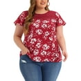 thumbnail image 1 of Blusa de mujer plus size Agnes Orinda con estampado floral, cuello redondo, encaje, mangas cortas acampanadas y abertura en la espalda, talla 1X, color burdeos, 1 of 7