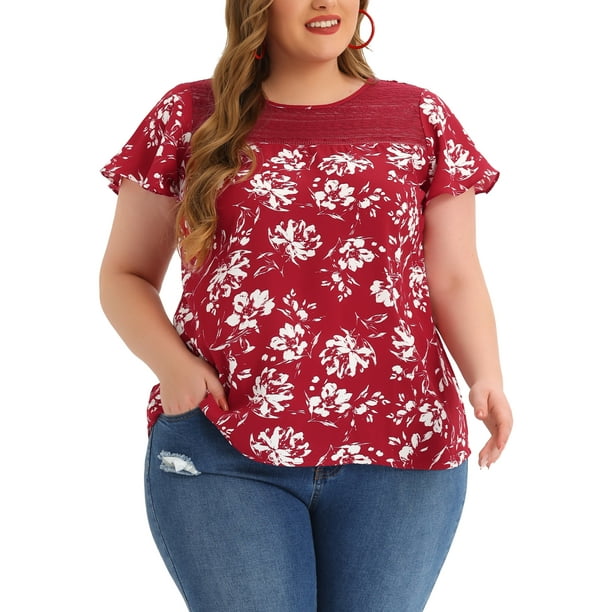 Blusa de mujer plus size Agnes Orinda con estampado floral, cuello redondo, encaje, mangas cortas acampanadas y abertura en la espalda, talla 1X, color burdeos