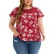 thumbnail image 1 of Blusa de mujer plus size Agnes Orinda con estampado floral, cuello redondo, encaje, mangas cortas acampanadas y abertura en la espalda, talla 1X, color burdeos, 1 of 7