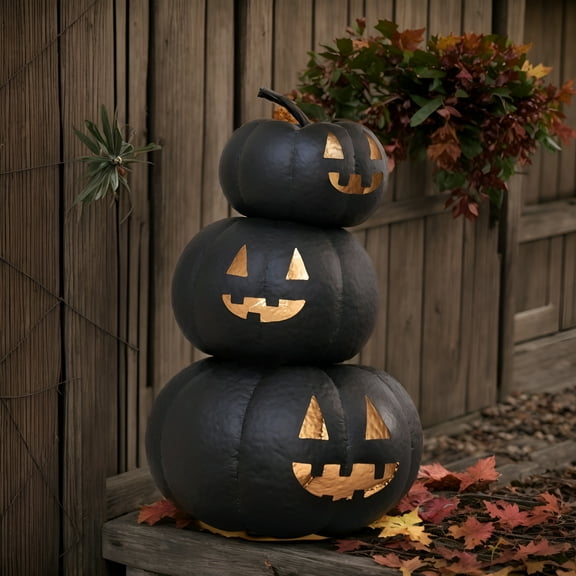 ACDANC Stacked Hammered Halloween Pumpkin – Black Metal Pumpkin Tower,3-Tier Halloween Decoration for Indoor/Outdoor,Spooky Fall Porch and Tabletop Display