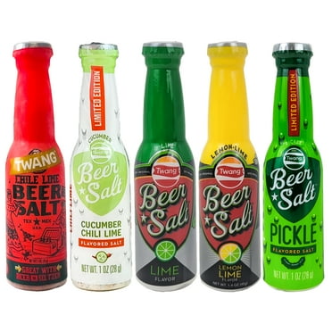 Twang Flavored Beer Salt 5 Count Variety Pack - 1 Ounce Mini Bottles Assorted Lime, Lemon-Lime, Chili Lime, Pickle and Cucumber Chili Lime