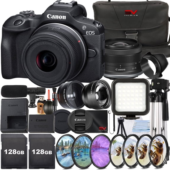 Canon EOS R100 Mirrorless Camera with 2 Pack 128GB Memory Card   Case   LED Flash   SV Premium Accessory Bundle (International Version)