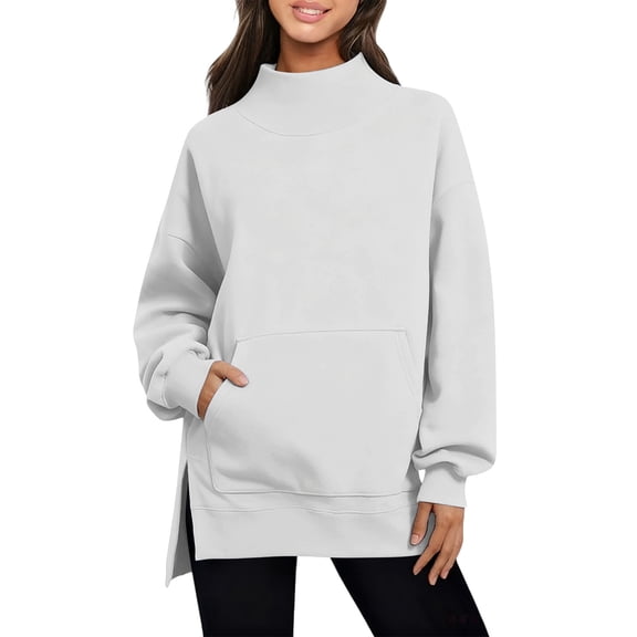 Kovlvoll Sweatshirts for Women Long Sleeve High Neck Hem Side Split Loose Casual Fall Pullover Sweatshirt with Pockets