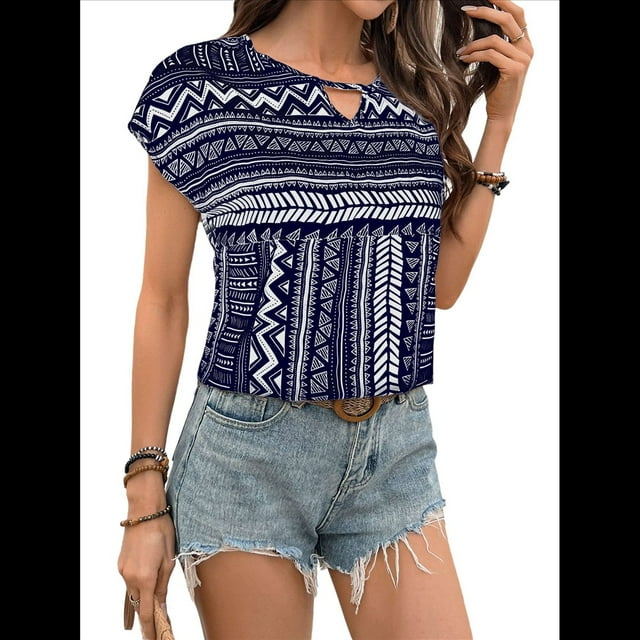 Blusas de Verano de Corta para Mujer, Blusas Elegantes e Informales para Mujer, Azul Marino, Talla M