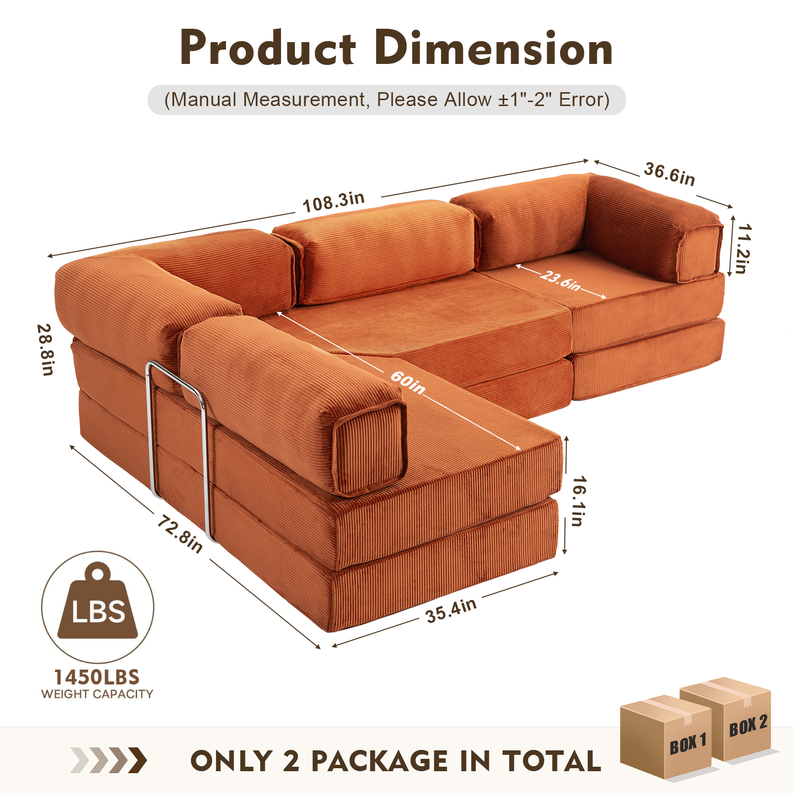 MEISSALIVVE 108" L-Shaped Modular Sectional Sofa with Chaise, Cloud Deep Seat Couch with Removable Pillows, No Assembly Required for Living Room & Bedroom (Brick Red)