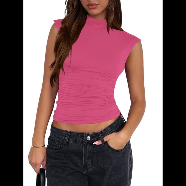 Tops Cortos Sin Mangas para Mujer, Camisetas Sin Mangas Fruncidas con Cuello Alto, Camisetas para Salir Y2K, Camisetas Ajustadas Lisas. Rosa Roja M
