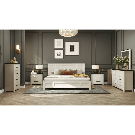 Roundhill Furniture Realynn 6-Pc Bedroom Set, King Panel Bed, Dresser, Mirror, Chest, 2 Nightstands