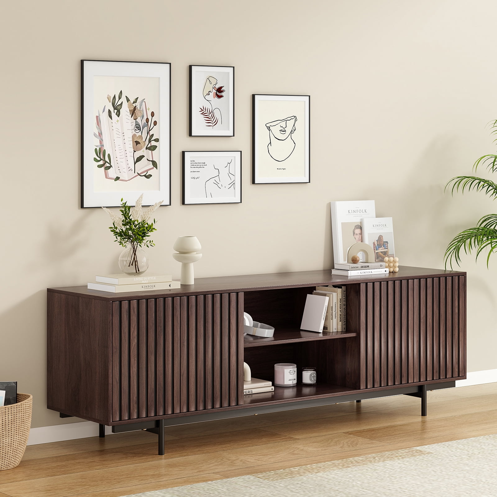Hommoo Mid Century Modern TV Stand Up to 75", Farmhouse Fluted TV Stand, Retro Wood TV Stand with Storage and Shelf, Entertainment Center with Pop-Up Doors for Home, Dark Walnut