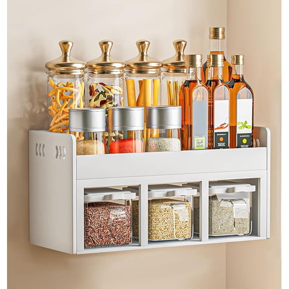 Dxcaicc Double Tier Spice Rack, Wall Mounted& Countertops Seasoning Organizer, Kitchen Storage with Drawer Box,Household Containers Shelf with Spoons,White,A