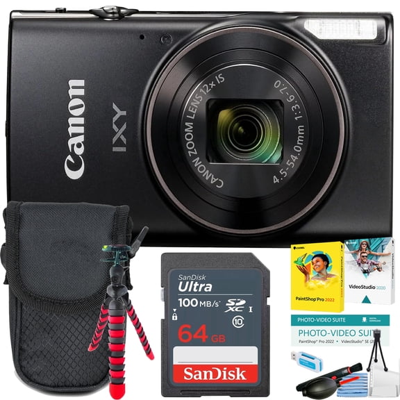 Canon PowerShot IXY 650 (ELPH 360) HS Digital Camera (Black)   64GB Ultra Memory Card   Spider tripod   More (12pc Bundle) (International Version)