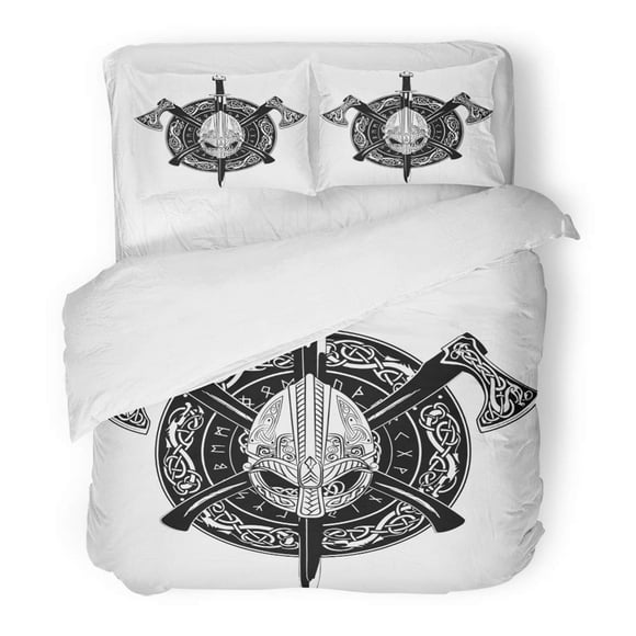 POGLIP 3 Piece Bedding Set Silver Ancient Viking Helmet Crossed Axes Wreath of Scandinavian Pattern and Shield Twin Size Duvet Cover with 2 Pillowcase for Home Bedding Room Decoration