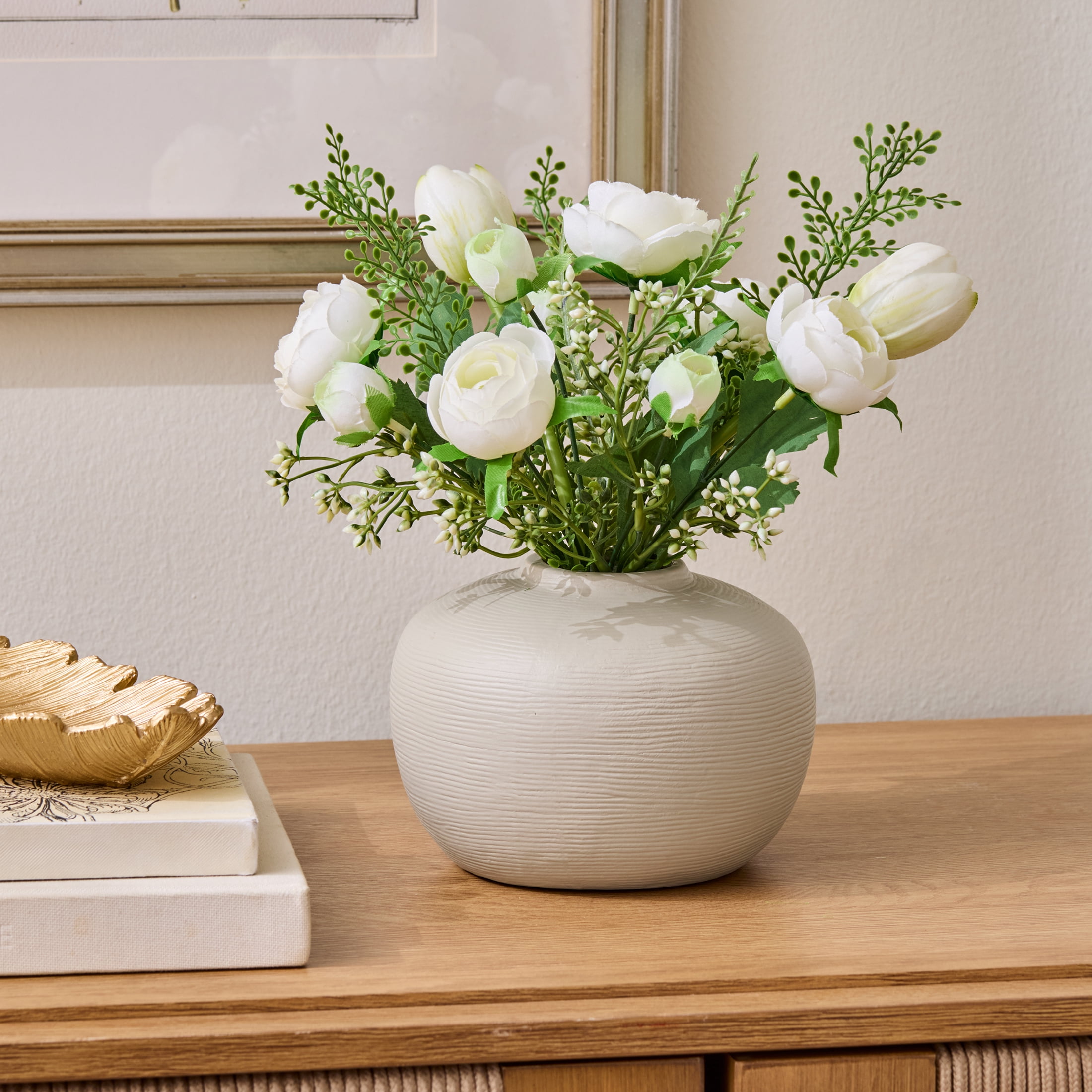 Better Homes & Gardens Tan Ceramic Vase with White Mixed Artificial Floral, 10 in